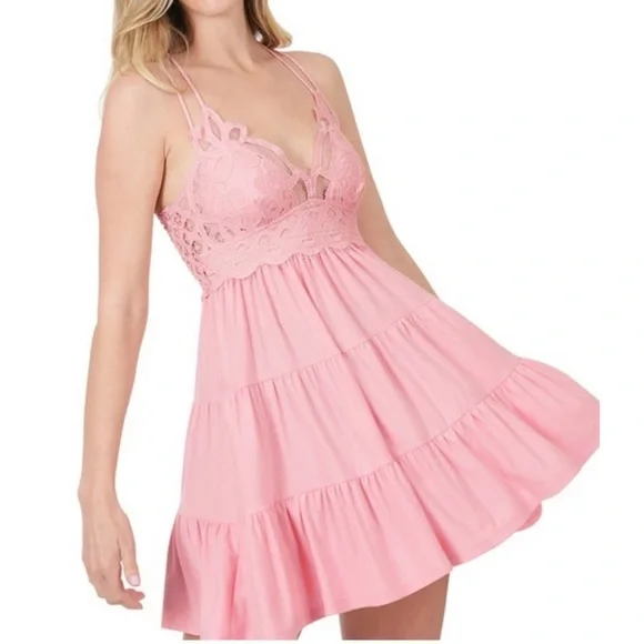 Zenana Crochet Lace Ruffle Dress In Dusty Pink. NEW! Sz L & XL - Picture 1 of 8